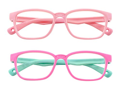 Outray - Juego de 2 gafas de bloqueo de luz azul para ordenador, videojuegos, televisor, marcos de silicona para niños y niñas de 3 a 12 años, antideslumbramiento y fatiga ocular (rosa+rosa y azul)