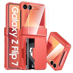 CENMASO for Samsung Galaxy Z Flip 7 Case Built-in Card Holder, Z Flip 7 Wallet Case with Hinge Protection & Screen Protector, Shockproof Protection Case for Galaxy Z Flip 7(Coral Red)