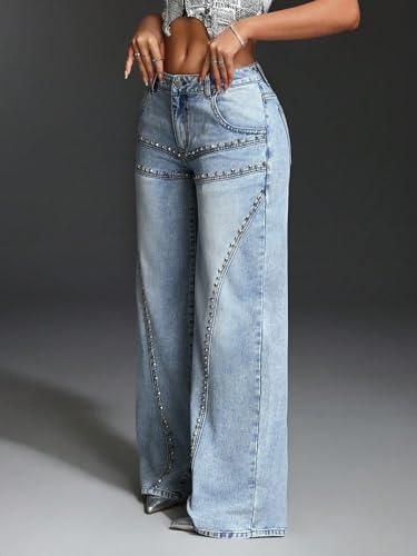 Women's Classic Jean Pocket Rivet Wide-Leg Casual Jeans2