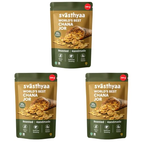 Svasthyaa Roasted Chana Jor Garam Healthy Snack for Kids & Adults | Crispy Channa Namkeen, High Protein, Gluten Free | Vegan Jain Snack with Sea Salt & Hing | No Palm Oil, No Added Sugar 220g - Pack of 3