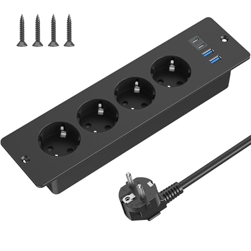 Presa da tavolo a scomparsa con 2 porte USB-C e 2 USB-A, 4 prese da incasso, cavo da 2 m, presa multipla per conferenza e divano (nero)