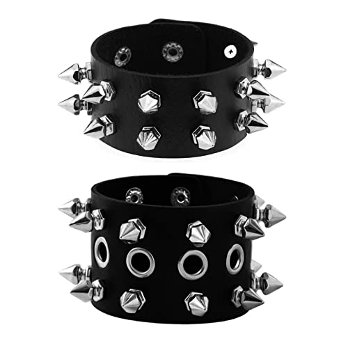 Tosmifairy Short Spiked Black Leather Choker Necklace And Wide Cuff Bracelets 80S 90S Biker Punk Rock Jewelry Set For Women Men Girls #TOP4