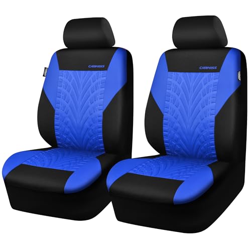 Image of CAR PASS Car Seat Covers Two Front Only for Car, 3D Tyre Print Automotive Interior Covers, Airbag Compatible, Quick Setup Universal Fit Seat Covers for Car, Truck, SUV(Black and Blue)