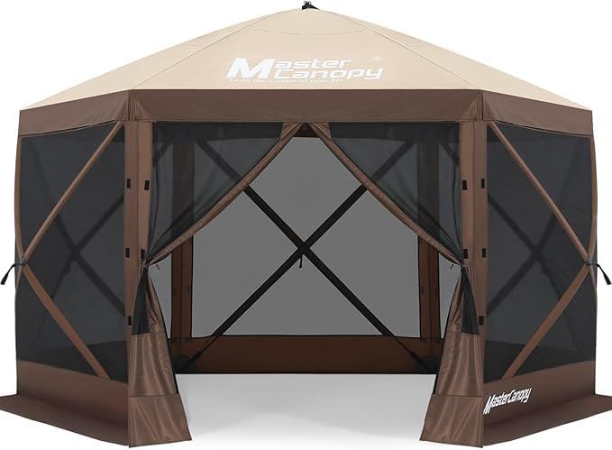 Image of MASTERCANOPY 10x10FT Pop Up Gazebo Screen Tent - Instant Screen House with Netting, Quick Set, Outdoor Canopy Shelter with Carry Bag for Camping, Backyard & Patio (Beige&Coffee)