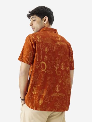 Image of The Souled Store Tropical Beat Men and Boys Short Sleeve Collared Neck Regular Fit Button Down Orange Printed Shirts