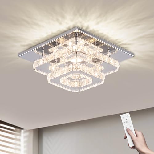 FRIXCHUR Dimmable Crystal Chandelier Ceiling Light with Remote Square Led Flush Mount Small Chandelier for Dining Room Kitchen Wedding Hallway Foyer,9.8"