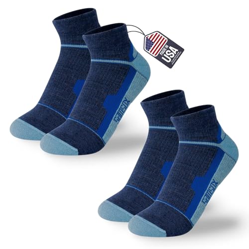2-Pair Merino Wool Ankle Running Hiking Socks, Made in USA Cushioned Sport Socks for Men & Women (Moab Quarter) Small Blue