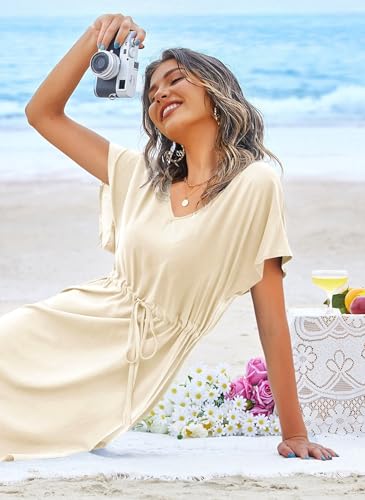 Image of Ekouaer Womens Swimsuit Coverup Short Sleeve Beach Cover Up Dress V Neck Bikini Beachwear