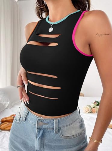 Image of LovelyWholesale Women Sexy Cut Out Crop Tank Tops Crew Neck Summer Sleeveless Top
