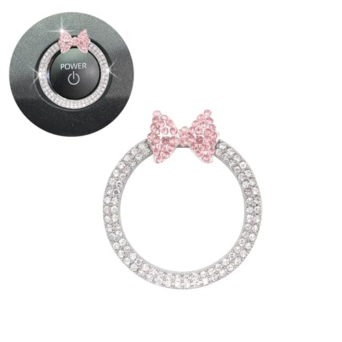 ORIESSE Pink Bow Car Accessories,Bow Tie Engine Start Button Ring,Bling Girly Silver Rhinestone Ring Start Stop Button Car Decor for Women,Ignition Ring Car Charm