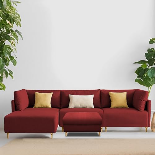 Image of Carina LHS 4 Seater L Shape Sofa Set with Center Table for Living Room (Maroon Fabric) Premium Fabric Sofa