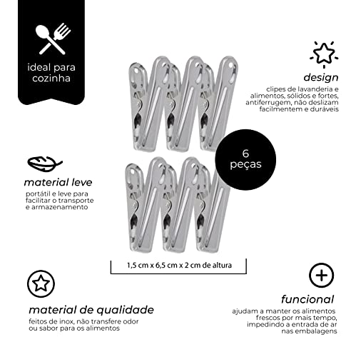 Mimo Style Jogo de 6 Prendedores de Embalagens em Inox, Mantém os Alimentos Frescos Por Mais Tempo,
