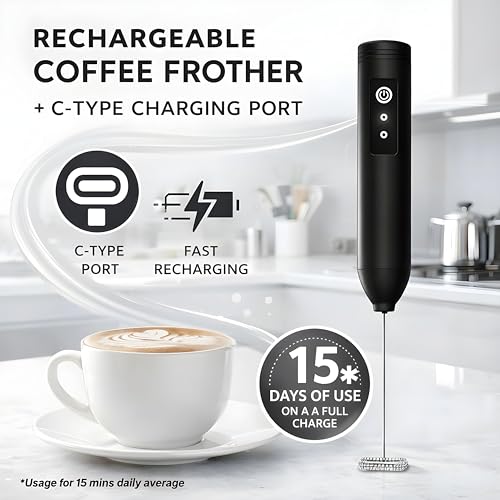 Image of Coffee Frother - Electric Rechargeable Coffee Maker Machine for Home Electric Coffee Frother Machine & Milk Whisker with Dual Spring | 1 Year Warranty | Free Recipe Book (Frother) (Black)