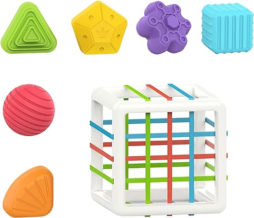 Image of Kidology Baby Shape Sorting Toy | Montessori Sensory Toys with 6 Pcs Blocks Colorful Cube for Kids | Shape Sorting Bin with Elastic Bands Fine Motor Skill Early Learning Preschool Educational Blocks