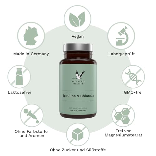Spirulina und Chlorella 1600 mg - 600 vegane Presslinge für 2,5 Monate - Mikroalgen ohne Zusatzstoffe - Laborgeprüft - Balanced Vitality