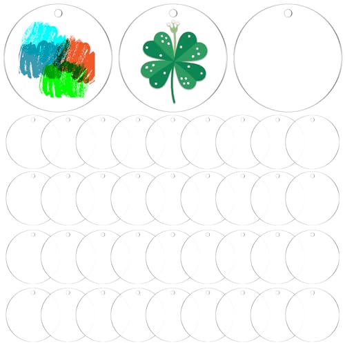 40 Pcs Acrylic Ornament Blanks 4 inch Clear Acrylic Keychains Blanks Bulk Transparent Flat Round Discs Blank with Hole for Christmas Ornaments Decor Plastic Circles for Engraving Painting Crafts