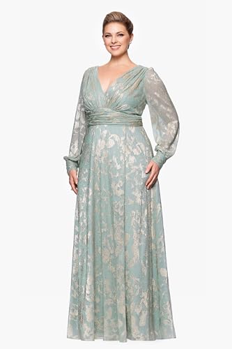 Image of Betsy & Adam Women's Floor-Length, Long-Sleeve, Metallic Floral Pattern, with Ruched Waist and Flowy Silhouette, Sage /Gold, 22W