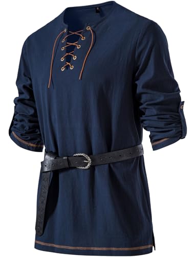 JEMITOP Men's Renaissance Costume Retro Lace Up Shirts for Pirate Viking Medieval Vampire Halloween Cosplay Without Belt Navy Blue XL