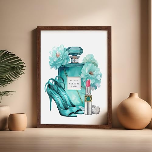 Image of Poster Master Turquoise Blue Designer Print - Fashion Poster - Shoes, Lipstick & Perfume Art - Chic Gift for Women & Fashionista - Glam Decor for Bedroom or Girl's Room - 16x20 Brown Framed