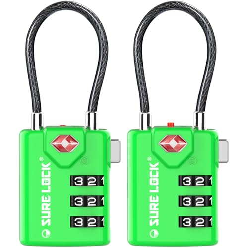SURE LOCK TSA Approved Combination Luggage Locks with Open Alert Indicator – Durable Zinc Alloy Cable Travel Locks with Large Easy-Read Dials for Suitcases, Backpacks & Gym Bags (Green 2 Pack