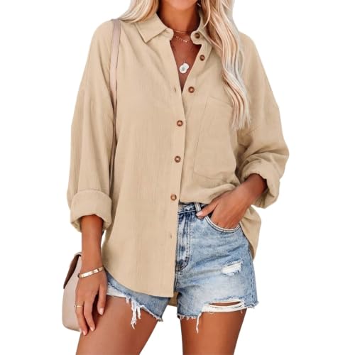 Image of BBXWANG White Shirts for Women Oversized Shirts Long Sleeve Casual Button Down Blouses with Pocket (UK, Alpha, S, Regular, Regular, Khaki)