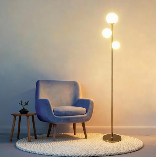 Fiqevs 3 Globe Mid Century Modern Floor Lamp for Living Room, Gold Standing Lamp with Frosted Glass Shade and 3x2700K Warm LED Bulbs, Vintage Retro Tall Lamps for Bedrooms, Office - Antique Brass