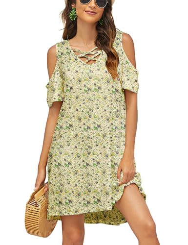 Image of Bluetime Women Cold Shoulder Summer Dress Short Sleeve Beach Casual Loose Swing Dress