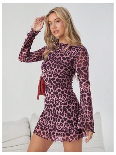 Image of Milumia Women's Leopard Print Mini Dress Y2k Bell Long Sleeve Cheetah Short Dresses Going Out Party Clubbing Outfits