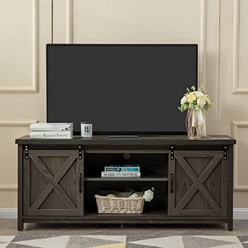 Gazhome Modern Farmhouse Tv Stand With Sliding Barn Doors, Media Entertainment Center Console Table For Tvs Up To 65”,2-Tier Large Storage Cabinets,Rustic Tv Stand For Living Room Bedroom,Dark Grey #TOP1