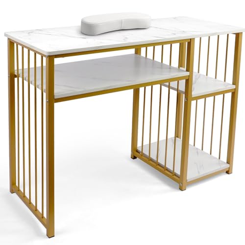 EBANKU Mesa de Manicura, Mesa de Manicura de Doble Capa con Estampado de Mármol Escritorio de Técnico de Uñas con Reposabrazos para Técnicos de Uñas