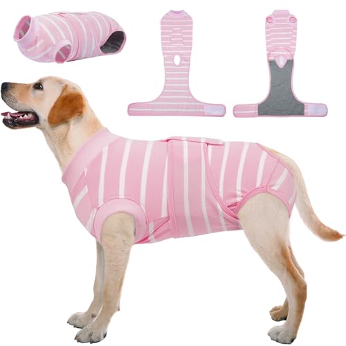 Image of Kuoser Dog Surgery Recovery Suit, Soft Breathable Dog Recovery Suit for Female Spay Male Nueuter, Anti Licking Puppy Onesie Pet Surgical Suit for Dogs Abdominal Wounds Skin Disease, Pink Strips XL