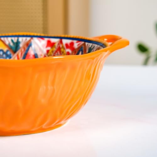 Image of Nestasia Mandala Ceramic Serving Bowl with Handles (1500 ml) - Microwave & Dishwasher Safe Snack Bowl | Ribbed Floral Bowl with Glossy Finish - Ideal for Soup, Curries, Salad & Noodles (Yellow)