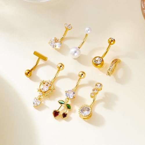 RINHOO FRIENDSHIP 8 Pcs Belly Button Rings Stainless Steel CZ Dangle Navel Piercing Jewelry Set 14G 1.6MM Cute Belly Rings Body Jewelry for Beach Festival Daily (Cherry-g, 8) — view 6
