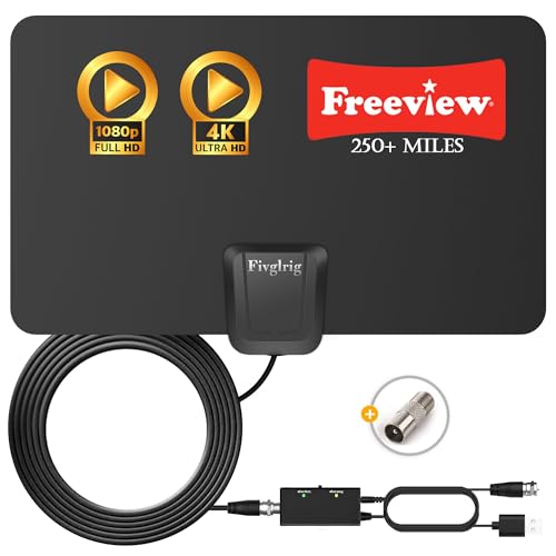 TV Aerial - Digital TV Aerial Indoor 250+ Miles Long Range - Amplified HD TV Antenna Indoor for Freeview TV Support 4K 1080P Local TV Channels with Booster & 16.4 ft Coax Cable