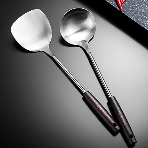 Image of Wok Spatula, Rustproof, Durable 304 Stainless Steel Turner Spatula with Heat Resistant Wooden Handle, Cooking Shovel Ladle for Eggs, Pancakes, Omelet, Burger and Other Foods