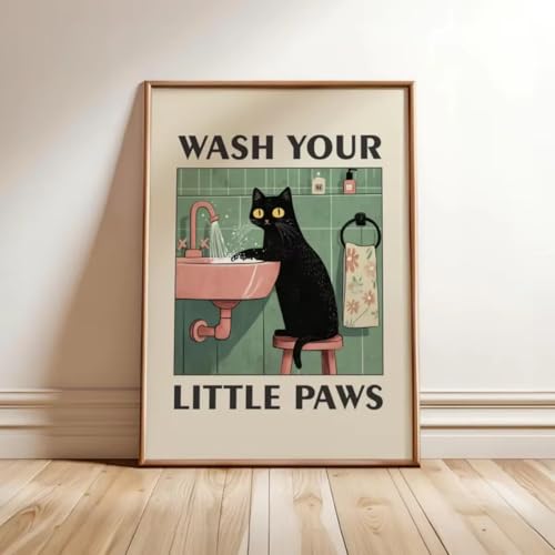 Affiche moderne et humoristique de chat pour habiller un mur de douche vide