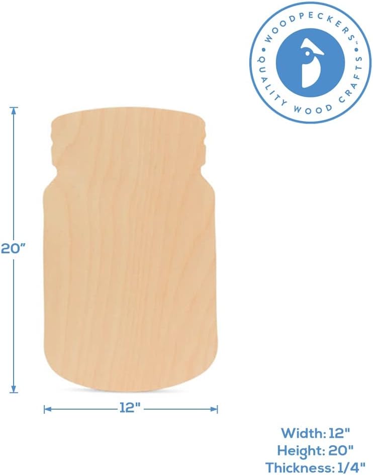 Wooden Mason Jar Sign 20 x 12-inch, Pack of 1 Unfinished Wood Jar Cutouts, Wooden Crafts to Paint for Farmhouse Kitchen, by Woodpeckers