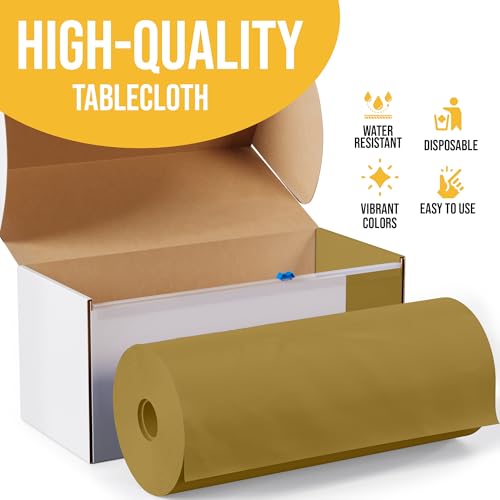 Image of Exquisite Party Solids 54 Inch X 300 Feet Gold Plastic Table Cover Roll in A Cut - to - Size Box with Convenient Slide Cutter. Cuts Up to 36 Rectangle 8 Feet Plastic Disposable Tablecloths