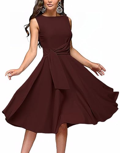 Image of FENJAR Women's Elegance Audrey Hepburn Style Ruched Dress Round Neck Sleeveless Swing Midi A-line Dresses (US, Alpha, XX-Large, Regular, Regular, A-Wine)
