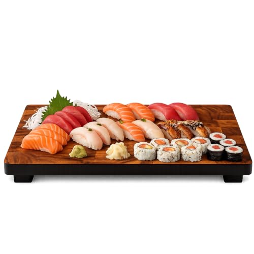 Image of Woodard & Charles Raised Acacia Wood Serving Tray, 16 inch x 8 inch x 1.75 inch 16 Pack | Platform Serving Tray with Feet; Serve Cheese, Charcuterie, Sushi, Appetizers, Small Bites at Home, Parties, Catering Events
