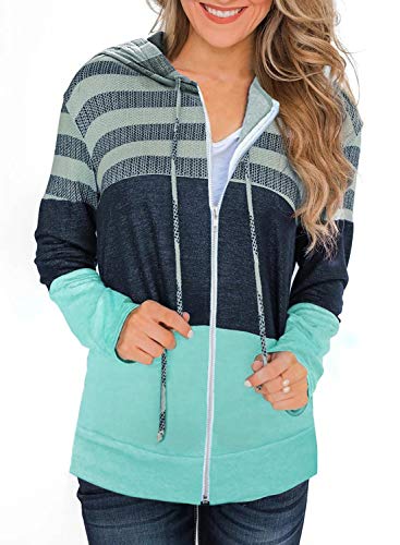 EVALESS Women Color Block Strip Hoodie Sweatshirts Long Sleeves Pullover Pockets Sweatshirts Green M