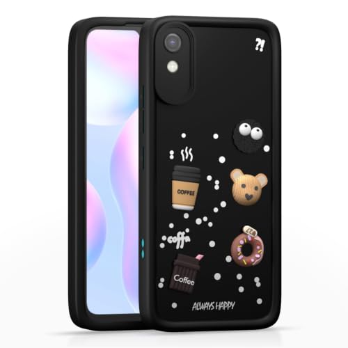 Image of Bintage Cute Fun Ball | Taddy Cartoon 3D Smiley Coffee Cup | Milk Donut | Full Camera Protection Back Cover Compatible for Redmi 9i / 9i Sport /Mi 9A - Black