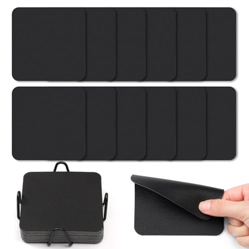 Myir JUN Coasters Glass Coasters set of 12 4 inch Double Sided Faux Leather Coaster Waterproof Non-slip Easy to Clean with Coaster Holder(Black)
