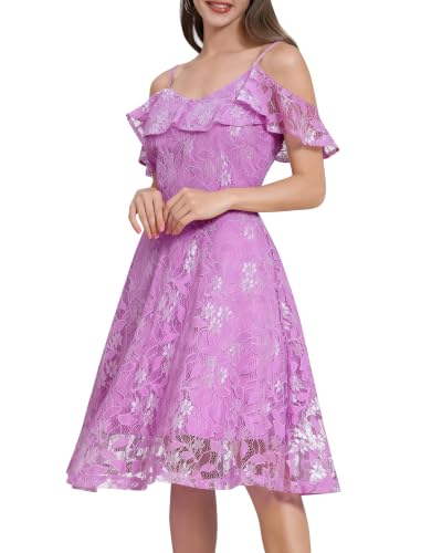 Image of IWEMEK Women Spaghetti Strap Floral Lace Bridesmaid Cocktail Party Dress Cold Shoulder Ruffle Sleeve Wedding Guest Prom Dress