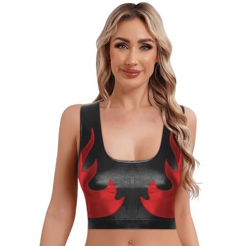 ranrann Crop Top Bauchfrei Damen Sexy Kurz Shirts Weste Metallic Glänzend Oberteil mit Feuer Druck Festival Party Kleidung Schwarz XXL