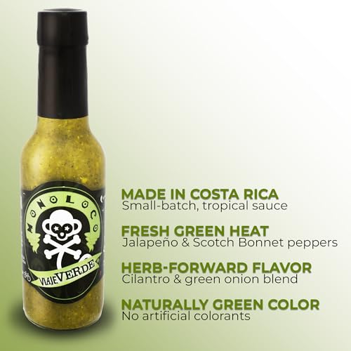 Image of Monoloco Hot Green Sauce Vegan Gluten-Free with Jalapeno, Panamenian Scotch Bonnet Peppers, Green Onions, Coriander and Garlic, Costa Rica Medium Spicy Sauce Viejo Verde, Pack of 1 (150ml / 5oz)