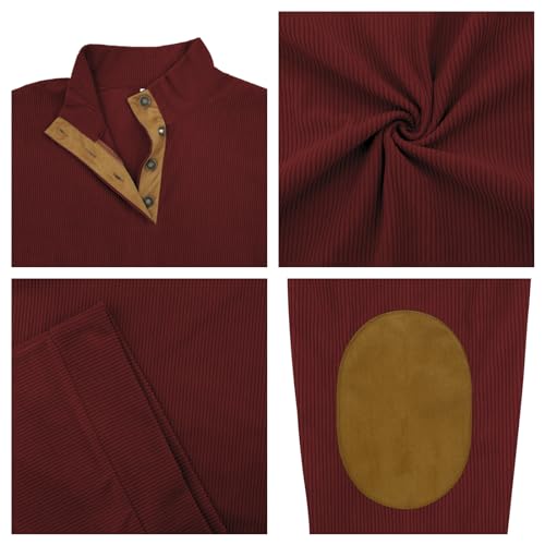 Xixiuly Mens Corduroy Sweatshirt Raglan Button Up Stand Collar Pullover Casual Long Sleeve Sweaters Shirt with Elbow Patches3
