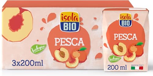 ISOLA BIO - Pack de 3 Unidades de 200 ml de Zumo Ecológico de Melocotón - Libre de Gluten - Apto para Veganos - Sin Lactosa Ni Huevo - Endulzado con Sirope de Agave