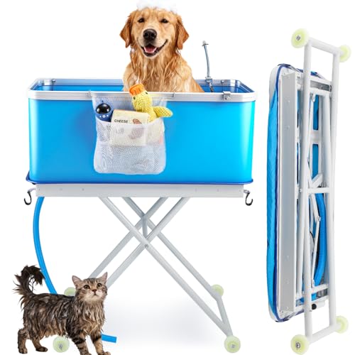NEWTRY Bañera elevada para perros con desagüe, gran capacidad, plegable, altura ajustable, para perros y gatos pequeños y medianos (azul)