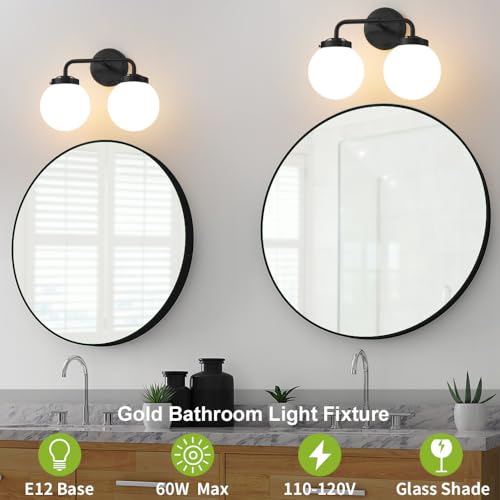 Image of Bathroom Light Fixtures 14in 2-Light Matte Black Vanity Lights for Mirror | Bathroom Lighting Fixtures over Mirror, ETL, Brushed Brass Wall Sconce, Dimmable E12 Base Max 60W, Milky Glass Ball Shades